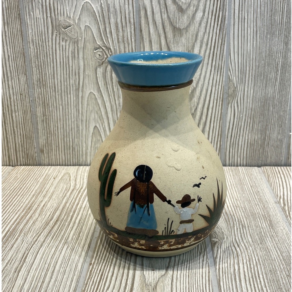 Vintage Mexican Studio Pottery Bud Vase Hand Painted Desert Scene Signed 6.5"